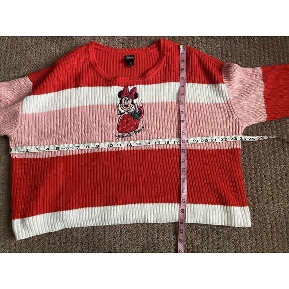Disney Her Universe Strawberry Minnie Sweater Boxy Striped Red Pink Cropped - Picture 4 of 8